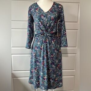 Floral Knot Front Dress Long Sleeve V Neck Casual Everyday Dress Size M